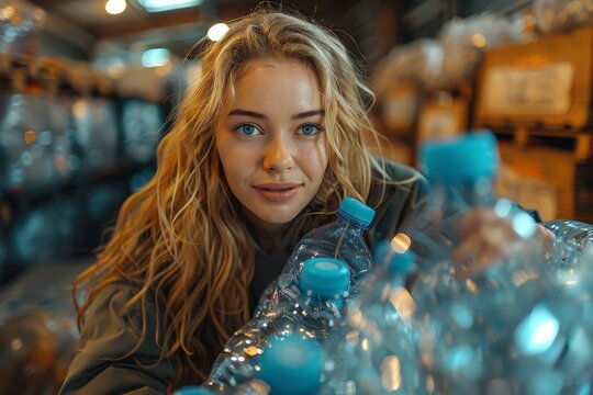 A young woman with striking blue eyes surrounded by plastic bottles, emphasizing recycling and environmental themes - Powered by Adobe