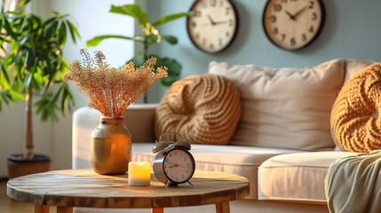 Boho interior design of modern living room, home. Close-up of the alarm clock on round wooden table near the sofa.