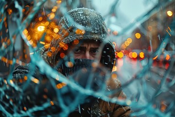 A mysterious snow-covered figure smashes a car window, a juxtaposition of city lights and chaos - Powered by Adobe