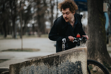Active lifestyle captured with a young male cyclist hydrating at a public water fountain in the...