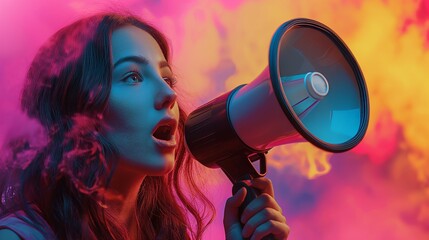 A woman in a red sweater speaks into a megaphone on a colorful background