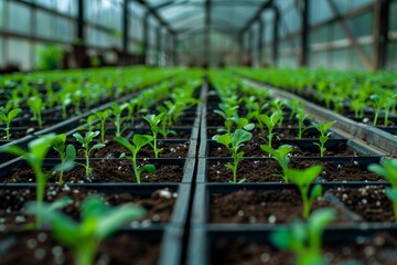 Young plants growing in pots in a greenhouse, agriculture and farming concept