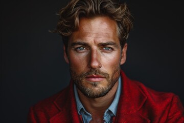 Fototapeta premium Portrait of a man with captivating blue eyes, wearing a textured red sweater against a dark background