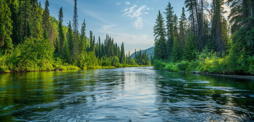 A serene river bend, flanked by towering trees and underbrush in varying shades of green. The...