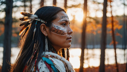 A young woman with dark hair and brown skin is standing in a forest.