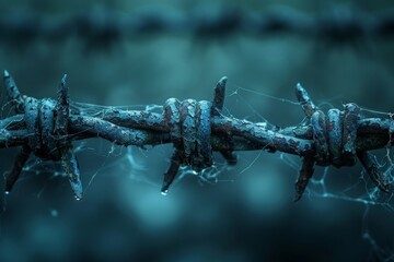 This image showcases a detailed view of icy barbed wire entangled with delicate cobwebs, emphasizing a sense of confinement and isolation