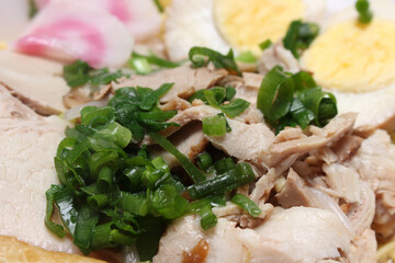 meal details. ingredients to make Ramen. food with selective focus. Egg and green onion with ingredients for Ramen.