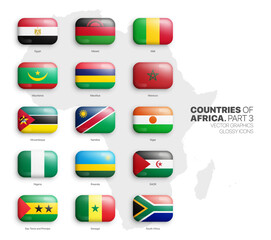 All African Countries Flags Vector 3D Rounded Glossy Icons Set Isolated On White Background Part 3. Official National Flags Of Africa Vivid Bright Color Bulging Convex Buttons Collection On Light Back