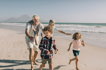 Grandparents playing with grandchildren on the beach