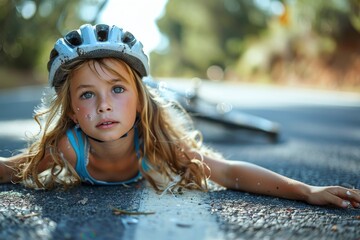 A young girl in a blue helmet lies on the road, depicting the aftermath of a bicycle accident