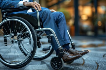 Obraz premium A low angle shot focusing on a man in a wheelchair, highlighting accessibility and independence in everyday life