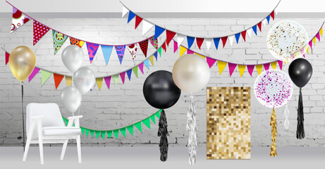 Carnival garland with flags. Decorative colorful party pennants for birthday celebration, festival and fair decoration.