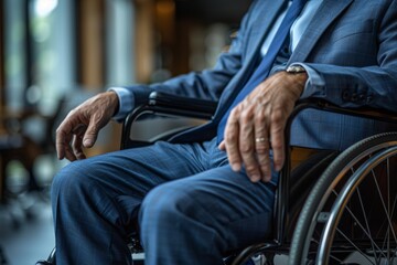 Obraz premium A close-up of a dignified businessman dressed in a blue suit sitting in a modern wheelchair, focusing on his hands and the wheel