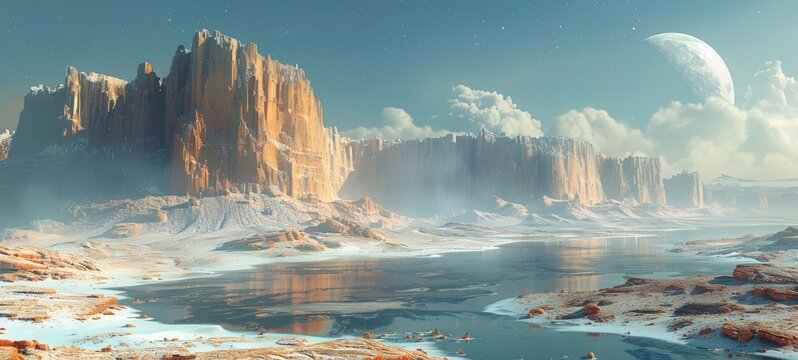 A panoramic view of an alien landscape with towering cliffs, a reflective water body, snow patches, and a large moon in the sky.