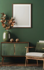A green wall with an empty poster frame above the armchair, a beige and sage color palette, a Scandinavian style of interior design