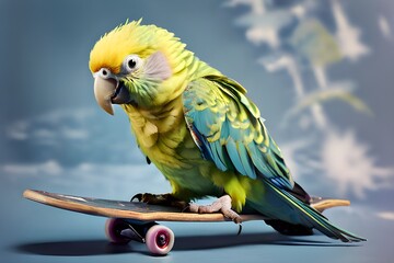 Playful parrot sitting on a skateboard, enjoying the ride and imitating its owner's antics; animal mimicry concept; leisure activities
