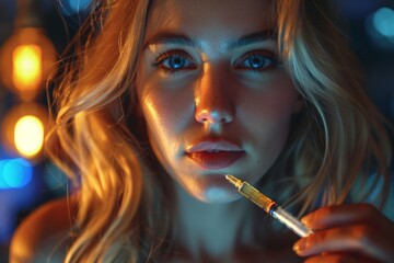 Obraz premium An intense close-up shot of a woman with striking blue eyes holding a syringe close to her lips, exuding a sense of mystery