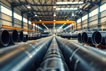 Long steel pipes are laid in rows in a workshop at a metallurgical plant - obrazy, fototapety, plakaty