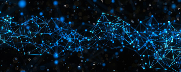 Cosmic black background with blue polygonal molecular mesh interconnected polygons glowing in a pattern that represents the stars and technological advancements.