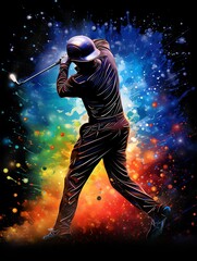 A professional golfer teeing off on a golf course. The background is a colorful abstract painting.