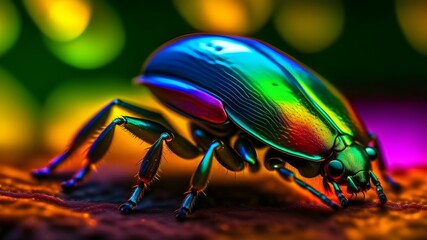 A close-up view of a beetle's iridescent shell, reflecting the vibrant colors of a tropical sunset