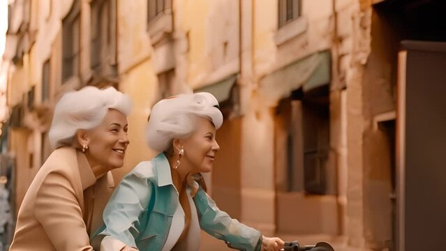 Two Older Women Riding on Motorcycle Generative AI