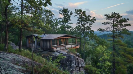 Perched on the edge of a precipice, a rugged cabin commands a sweeping vista of forest and sky, its weathered facade a testament to the enduring bond between man and nature