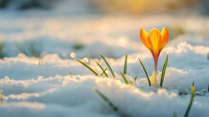 A vibrant crocus emerges through the snow in a sunlit scene.