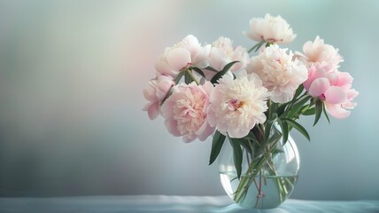  Luxurious bouquet of blooming peonies in a soft pastel palette.