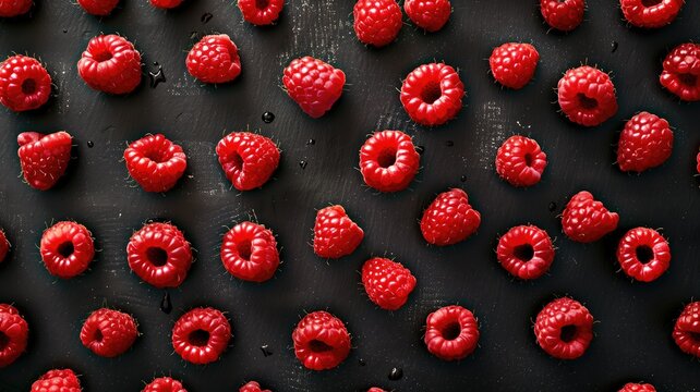 Raspberries arranged artistically on a dark textured surface.