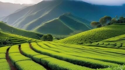 Amazing landscape view of tea plantation in sunset/sunrise time. Nature background with blue sky and foggy, a lot of green plants, copy space
