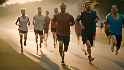 Group of People Running Down Road Generative AI