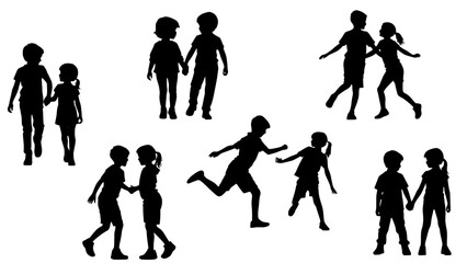 Stylish silhouette set of kids playing