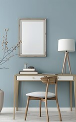 A light blue and white room with a light wood desk, a vintage chair, an empty picture frame on the wall, a lamp in the background, soft lighting, clean, minimalist style