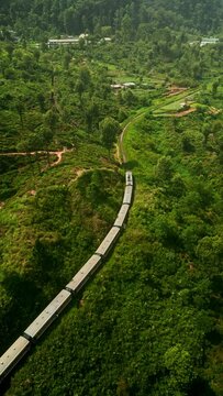 Aerial of train winds through rich Haputale mountains. Scenic Sri Lankan tea plantations, terraced fields from above. Green landscapes, sustainable rail transport blend