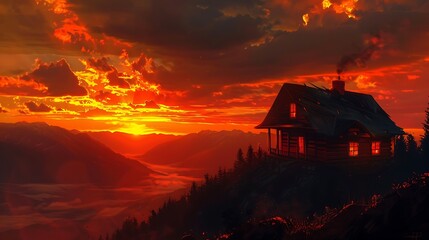 Fototapeta na wymiar Silhouetted against a fiery sunset, a mountaintop retreat casts a long shadow over the valley below, its windows ablaze with the warm glow of hearth and home