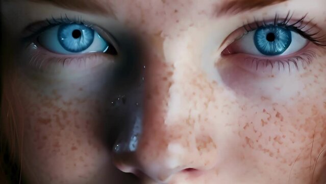 The woman's blue eyes close-up