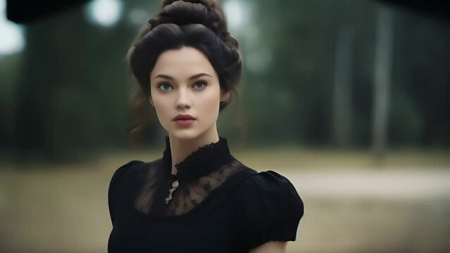 A girl in a dress and with a hairstyle of the 19th century dress in summer
