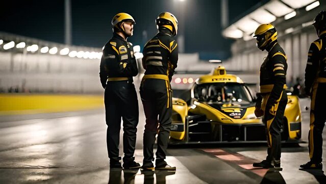 Men Standing Around Yellow Race Car Generative AI