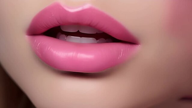 Women's lips covered with pink lipstick