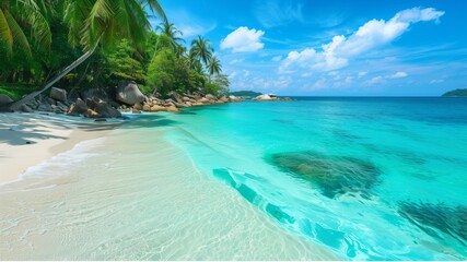 a serene tropical beach scene with crystal-clear turquoise waters