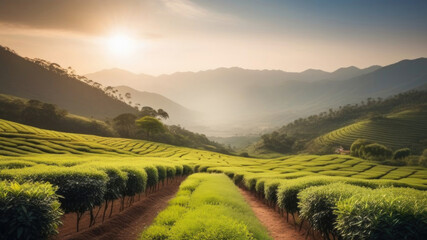 Amazing landscape view of tea plantation in sunset/sunrise time. Nature background with blue sky and foggy, a lot of green plants, copy space
