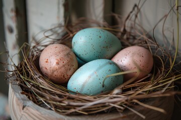 Obraz premium close-up of flour and eggs on wooden countertop. Beautiful simple AI generated image in 4K, unique.
