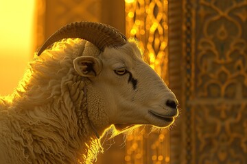 A serene sheep profiled against a glowing ornate backdrop basking in the golden hour light.