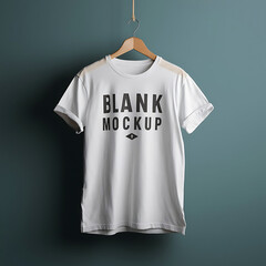 Blank White T-Shirt Mock-up on wooden hanger, front and rear side view. 3D Rendering.