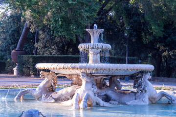 Rome, Italy - August 4th, 2022: Fontana dei Cavalli Marini a Villa Borghese - Fountain of the Sea...