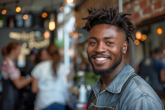 A cheerful young man with dreadlocks smiling in a cozy coffee shop setting