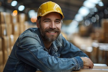 Confident and happy male worker with a beard in a warehouse, rested, and content
