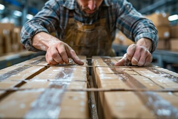Close-up of a male worker in a brown apron carefully examining stacked cardboard boxes in an industrial warehouse setting