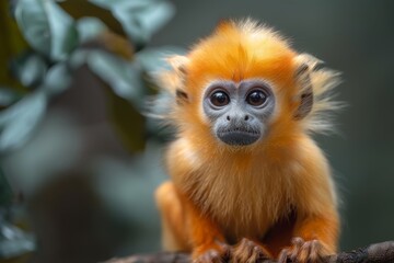 A close-up of a cute orange monkey with large expressive eyes sitting on a tree branch, surrounded by foliage